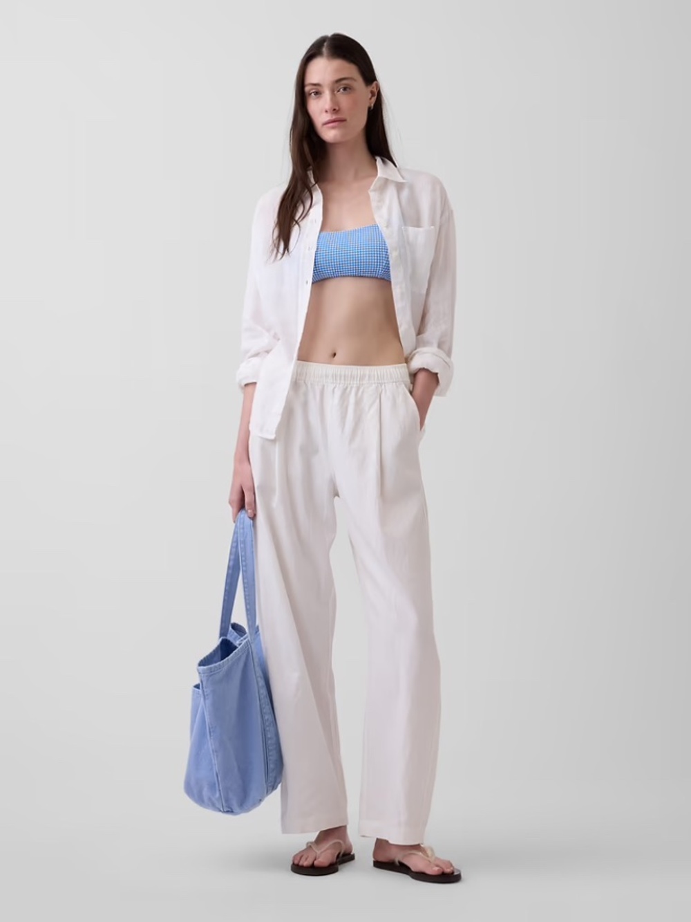 GAP White Linen-Blend Easy Barrel Pull On Pants